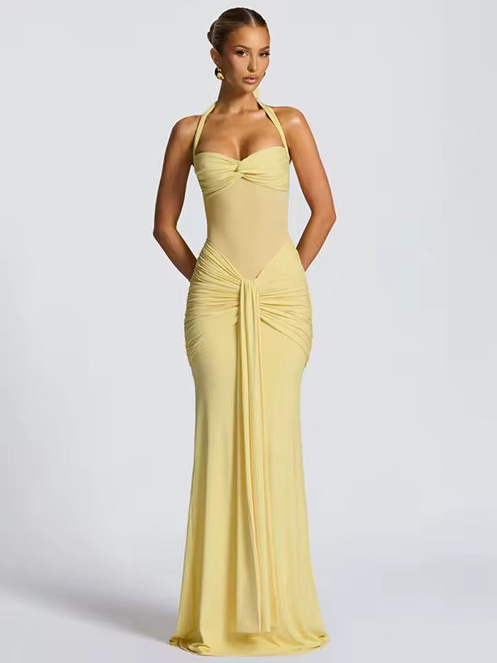 Damen Neckholder Maxikleid mit halbtransparentem Einsatz und Knotenpartie