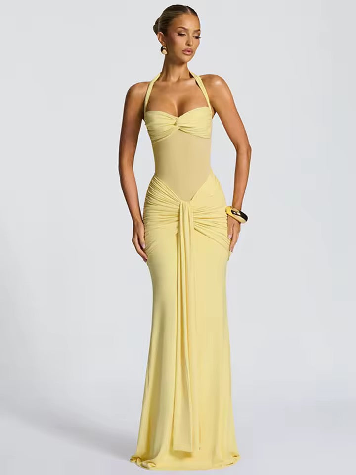 Damen Neckholder Maxikleid mit halbtransparentem Einsatz und Knotenpartie