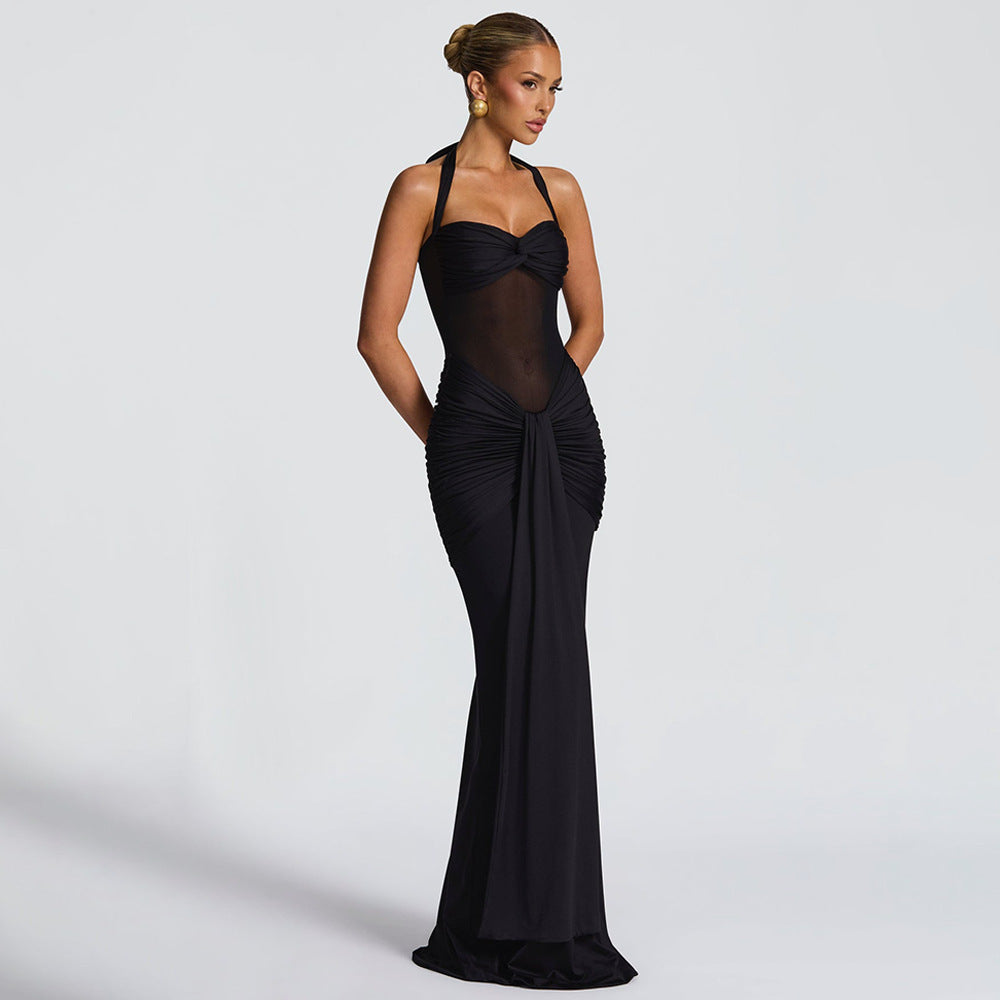 Damen Neckholder Maxikleid mit halbtransparentem Einsatz und Knotenpartie