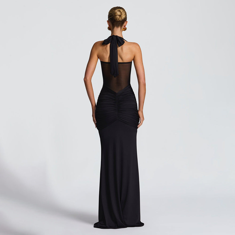 Damen Neckholder Maxikleid mit halbtransparentem Einsatz und Knotenpartie