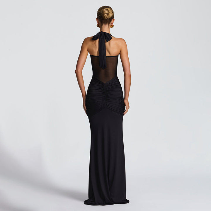 Damen Neckholder Maxikleid mit halbtransparentem Einsatz und Knotenpartie