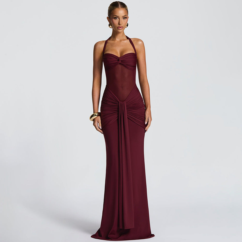 Damen Neckholder Maxikleid mit halbtransparentem Einsatz und Knotenpartie