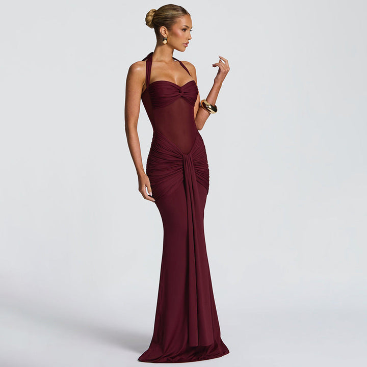Damen Neckholder Maxikleid mit halbtransparentem Einsatz und Knotenpartie