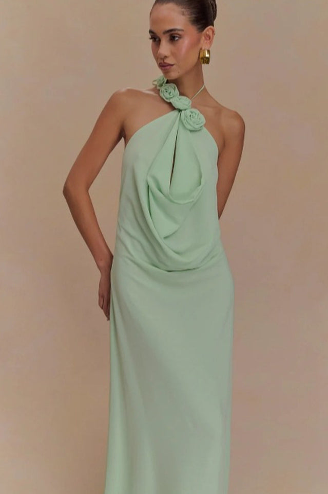 Damen Neckholder Maxikleid mit Rosenapplikationen und offenem Rücken