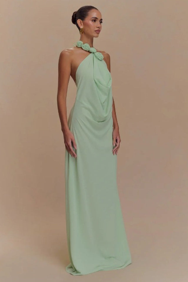 Damen Neckholder Maxikleid mit Rosenapplikationen und offenem Rücken