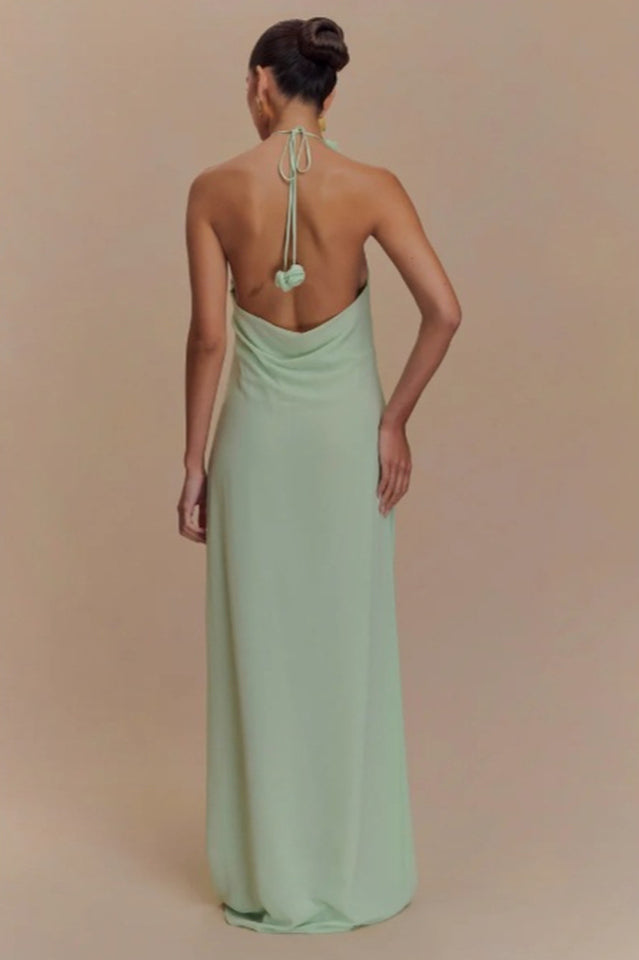 Damen Neckholder Maxikleid mit Rosenapplikationen und offenem Rücken