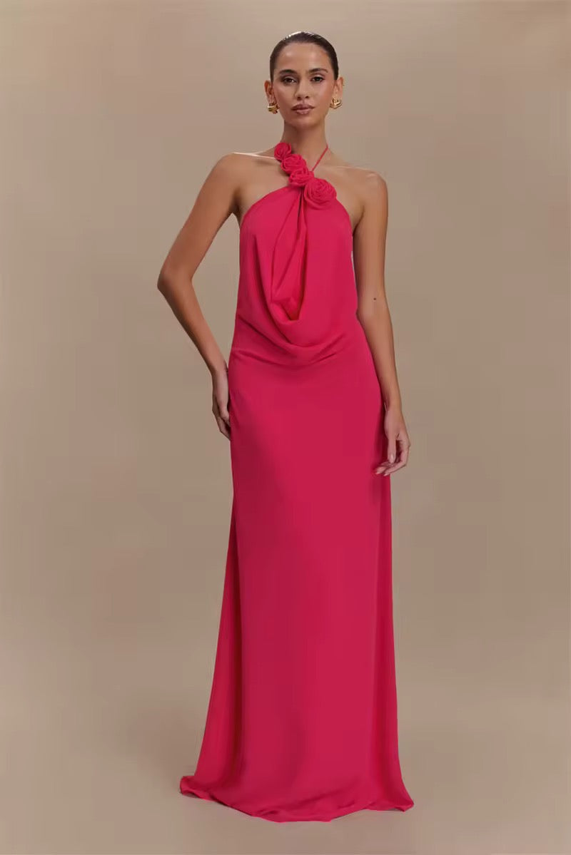 Damen Neckholder Maxikleid mit Rosenapplikationen und offenem Rücken