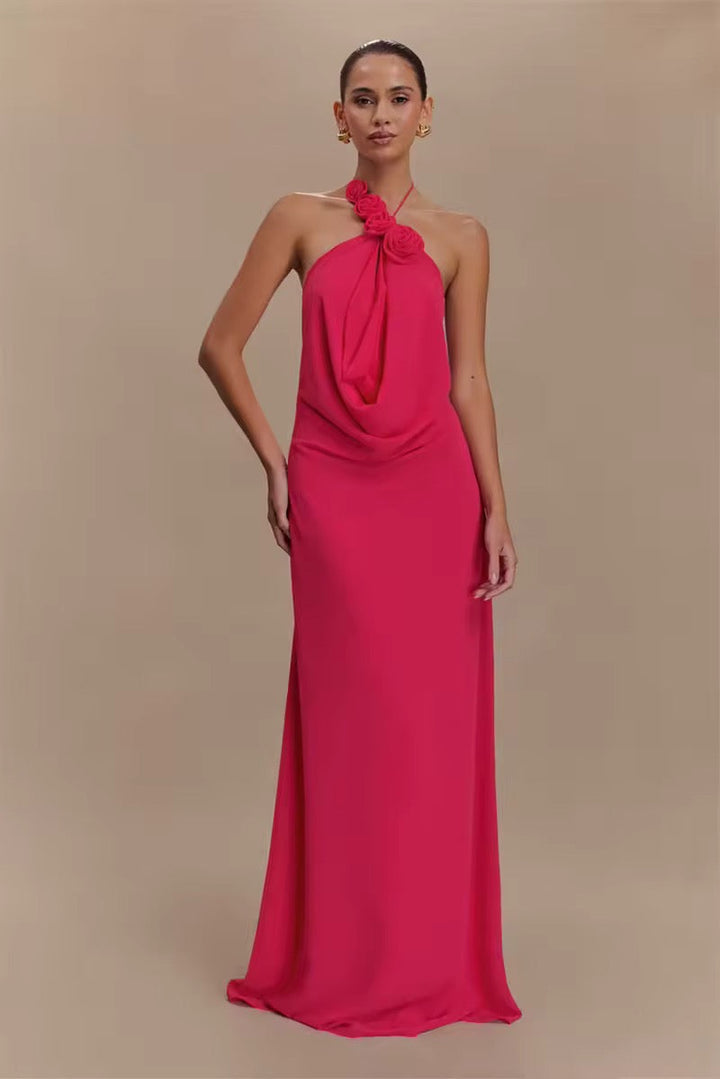Damen Neckholder Maxikleid mit Rosenapplikationen und offenem Rücken