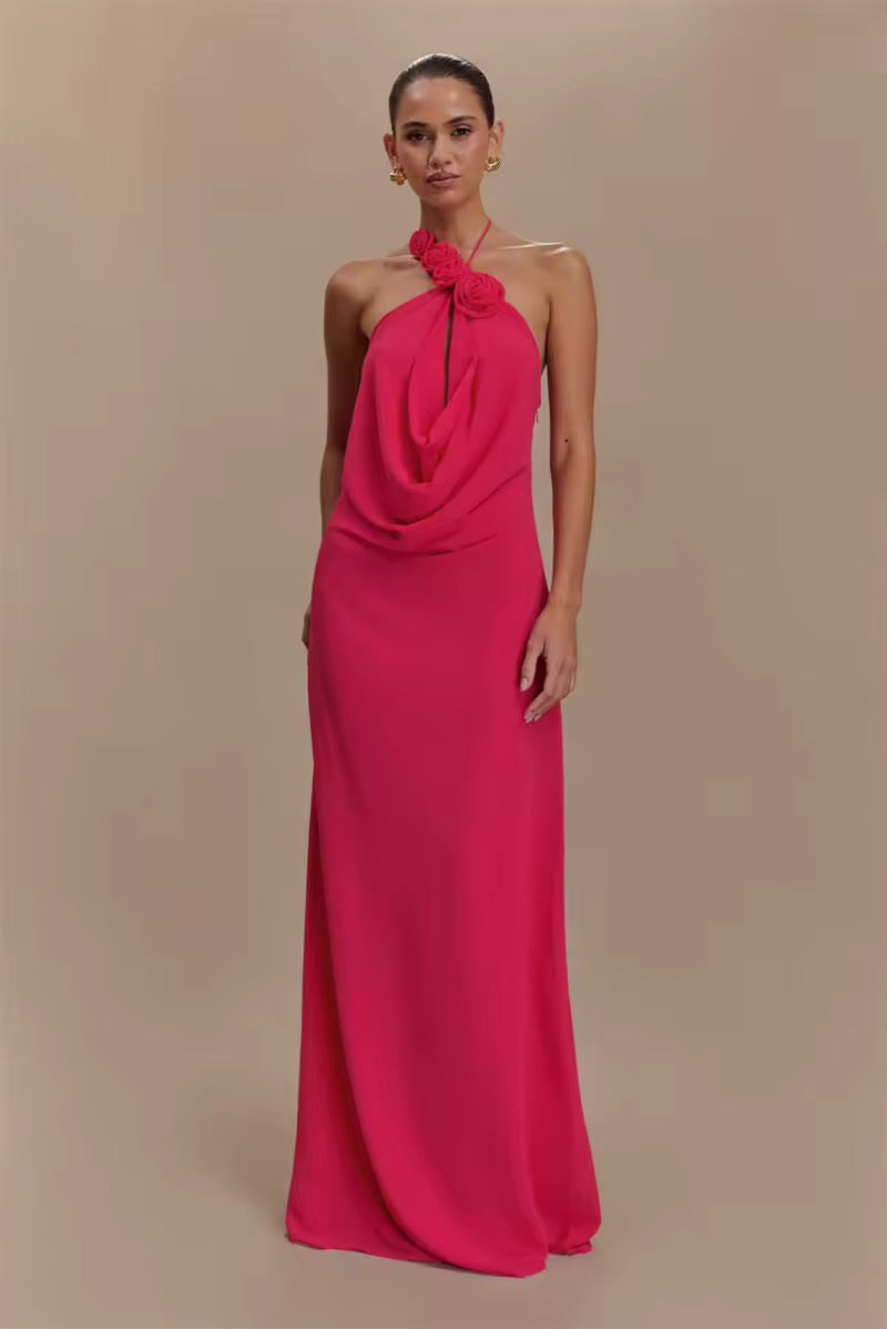 Damen Neckholder Maxikleid mit Rosenapplikationen und offenem Rücken