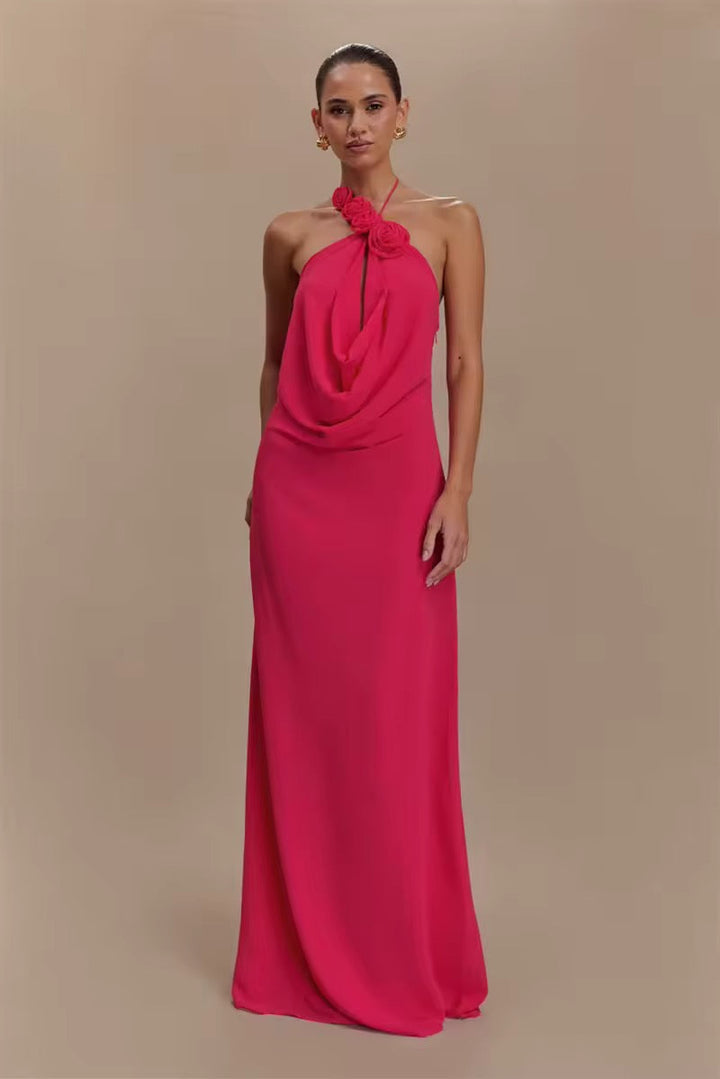 Damen Neckholder Maxikleid mit Rosenapplikationen und offenem Rücken