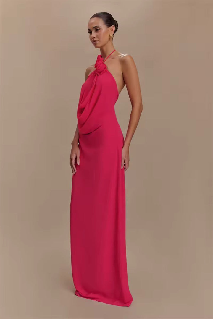 Damen Neckholder Maxikleid mit Rosenapplikationen und offenem Rücken