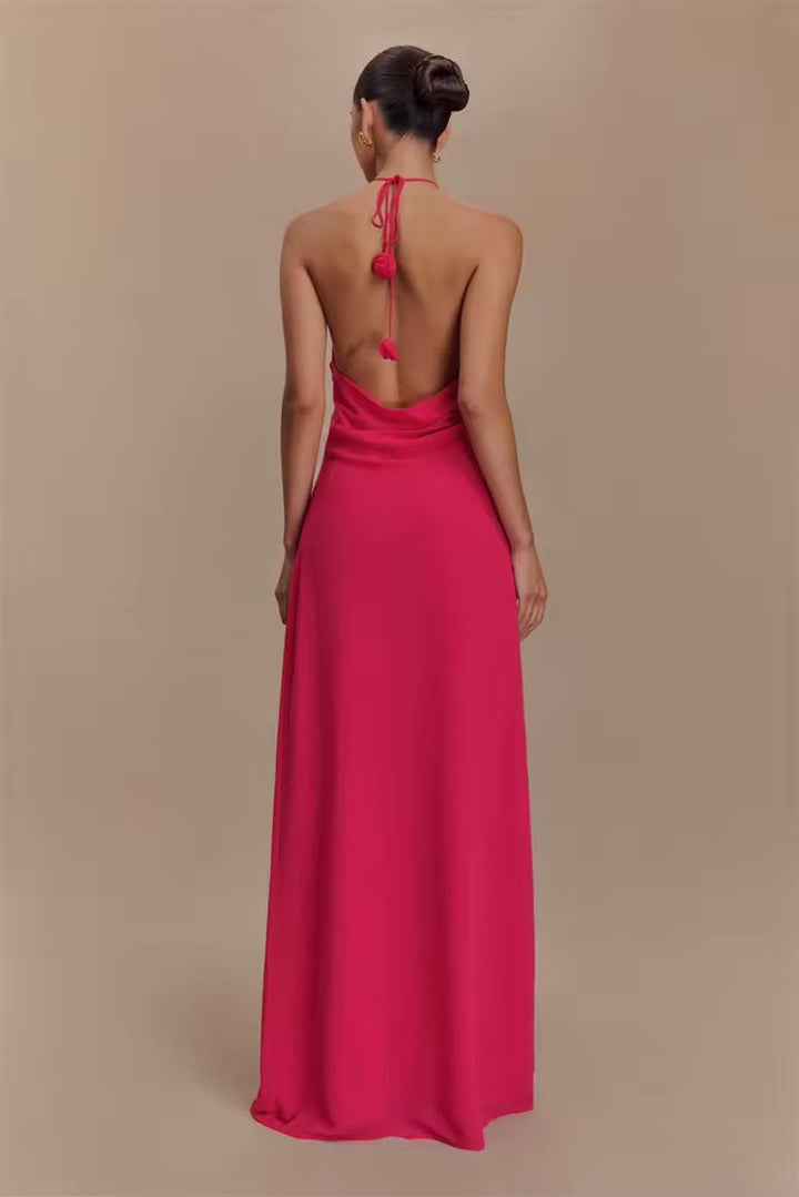 Damen Neckholder Maxikleid mit Rosenapplikationen und offenem Rücken