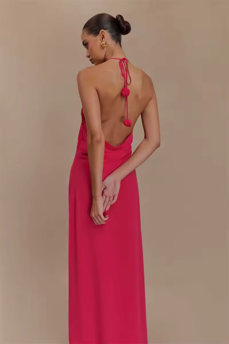 Damen Neckholder Maxikleid mit Rosenapplikationen und offenem Rücken