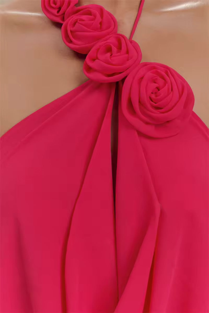 Damen Neckholder Maxikleid mit Rosenapplikationen und offenem Rücken