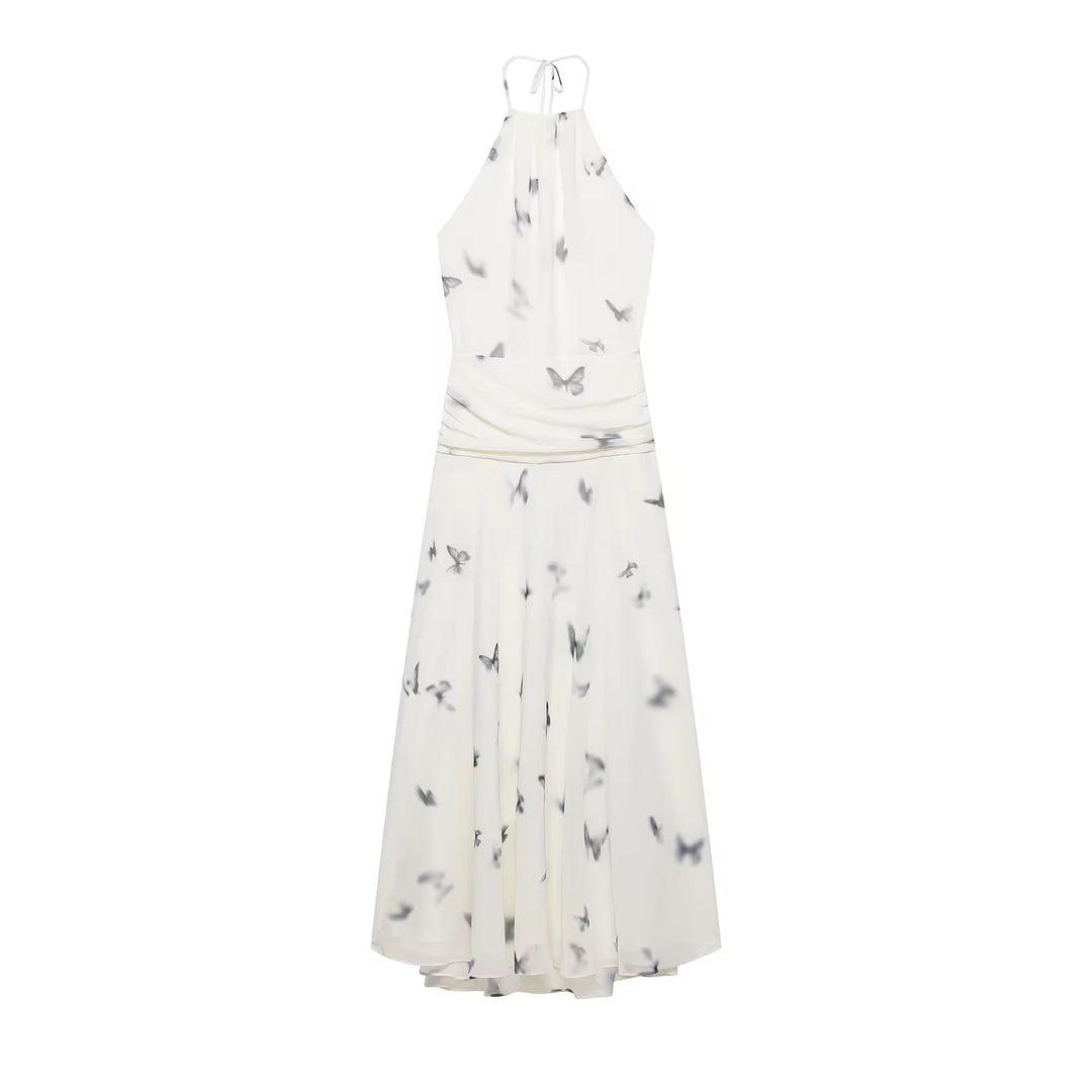 Damen Neckholder Maxikleid mit Schmetterlingmuster und offenem Rücken mit geraffter Taille