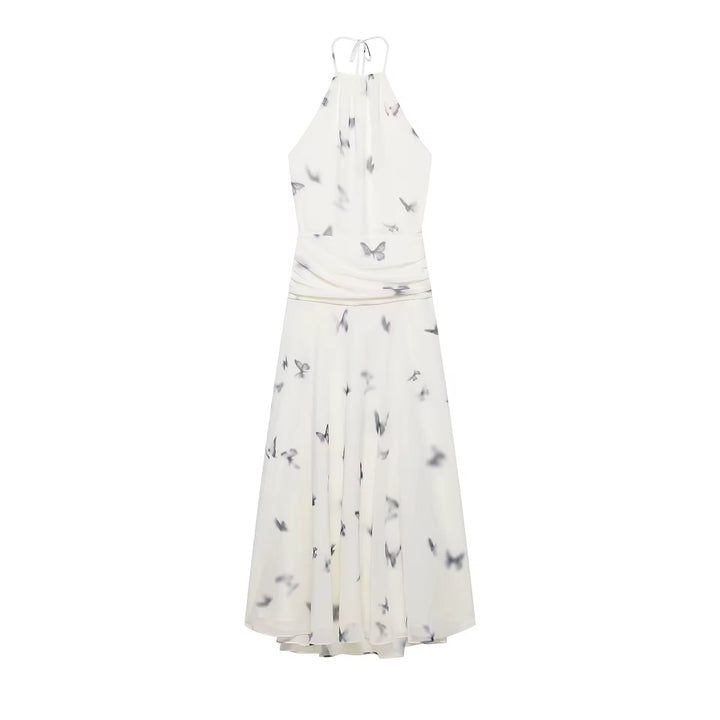 Damen Neckholder Maxikleid mit Schmetterlingmuster und offenem Rücken mit geraffter Taille