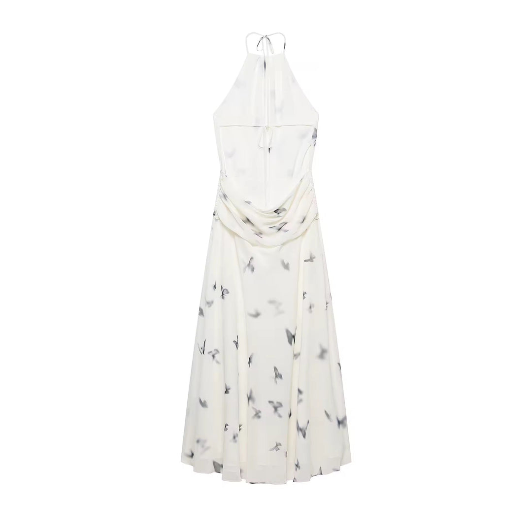 Damen Neckholder Maxikleid mit Schmetterlingmuster und offenem Rücken mit geraffter Taille