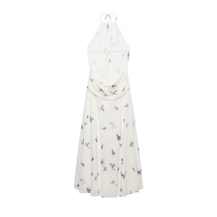 Damen Neckholder Maxikleid mit Schmetterlingmuster und offenem Rücken mit geraffter Taille