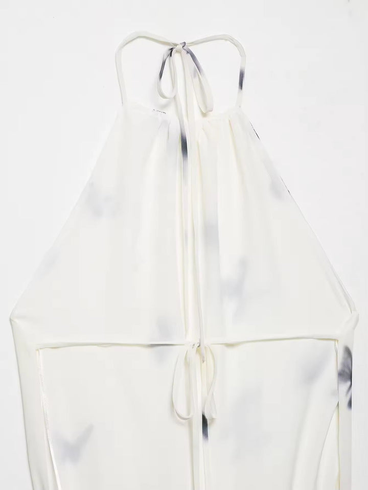 Damen Neckholder Maxikleid mit Schmetterlingmuster und offenem Rücken mit geraffter Taille