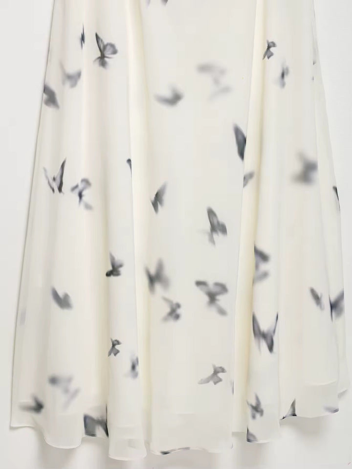 Damen Neckholder Maxikleid mit Schmetterlingmuster und offenem Rücken mit geraffter Taille