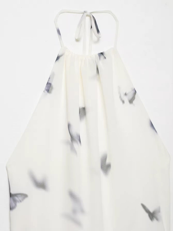 Damen Neckholder Maxikleid mit Schmetterlingmuster und offenem Rücken mit geraffter Taille