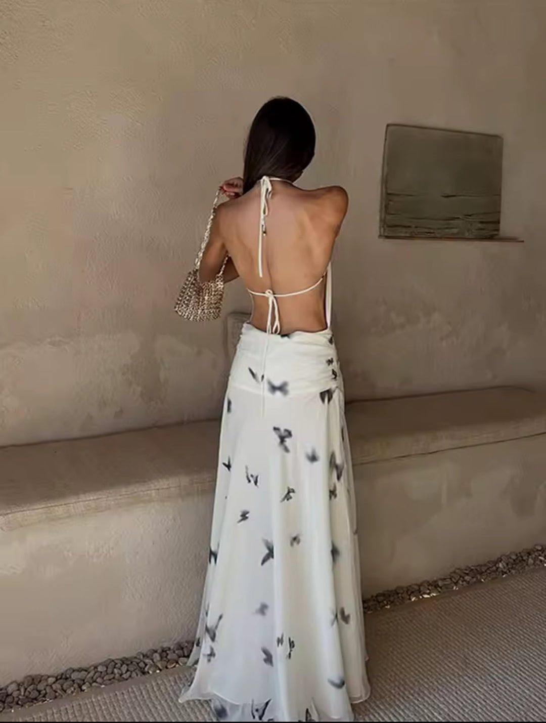 Damen Neckholder Maxikleid mit Schmetterlingmuster und offenem Rücken mit geraffter Taille