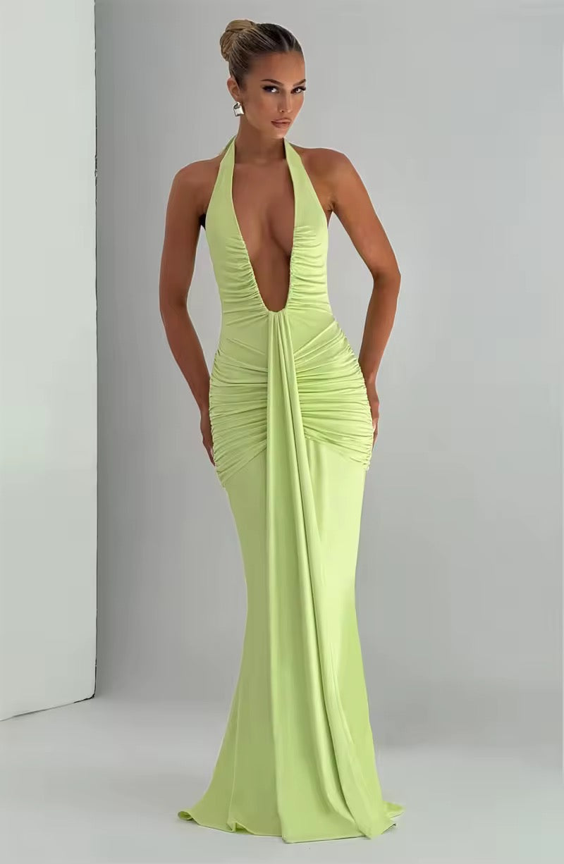 Damen Neckholder Maxikleid mit tiefem V-Ausschnitt und durchgehender Raffung