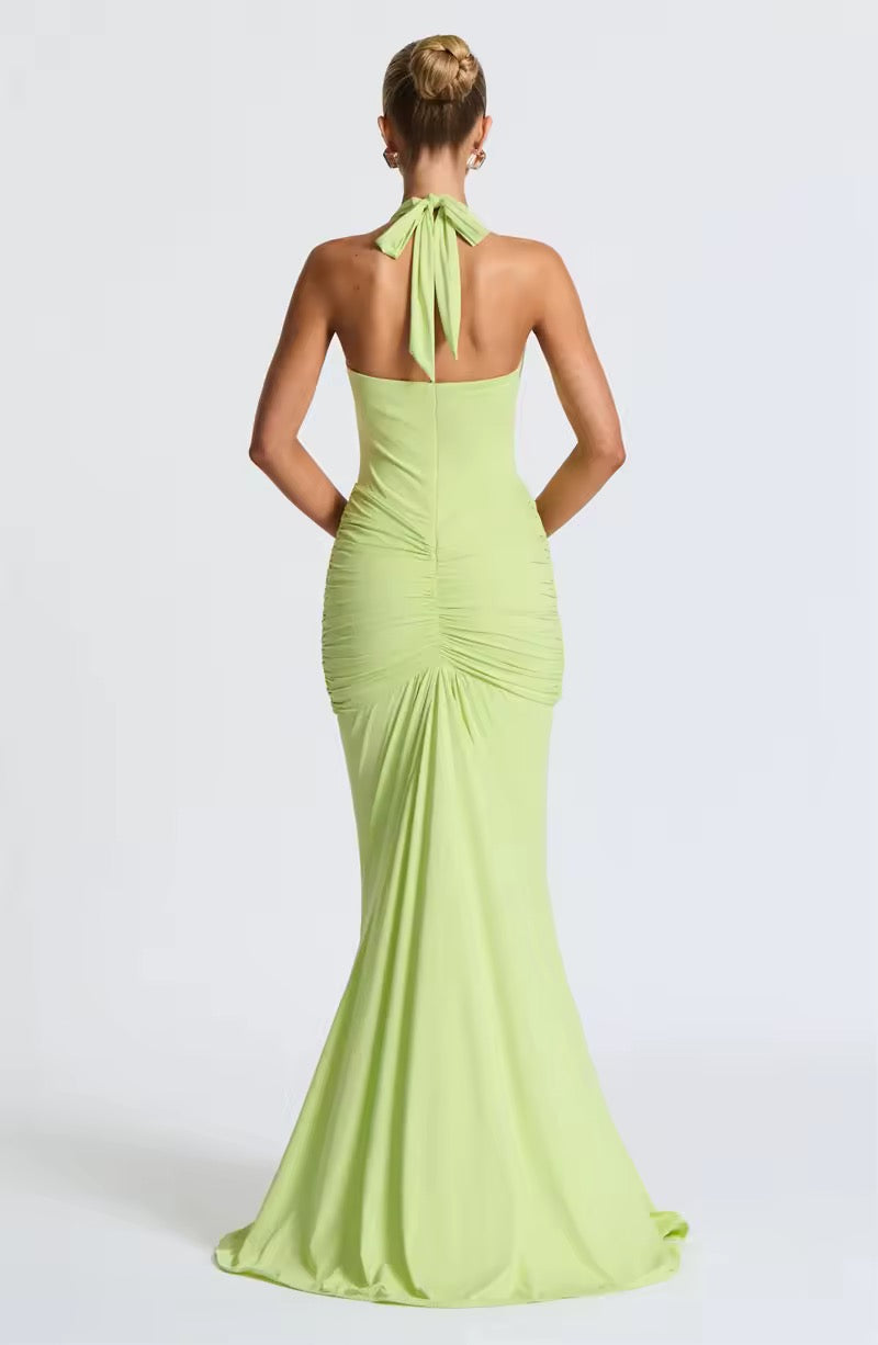 Damen Neckholder Maxikleid mit tiefem V-Ausschnitt und durchgehender Raffung