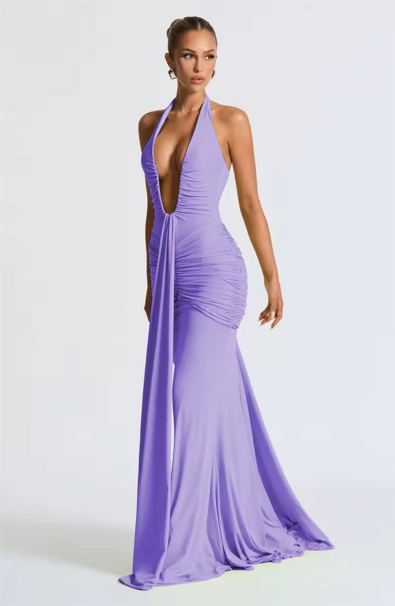 Damen Neckholder Maxikleid mit tiefem V-Ausschnitt und durchgehender Raffung