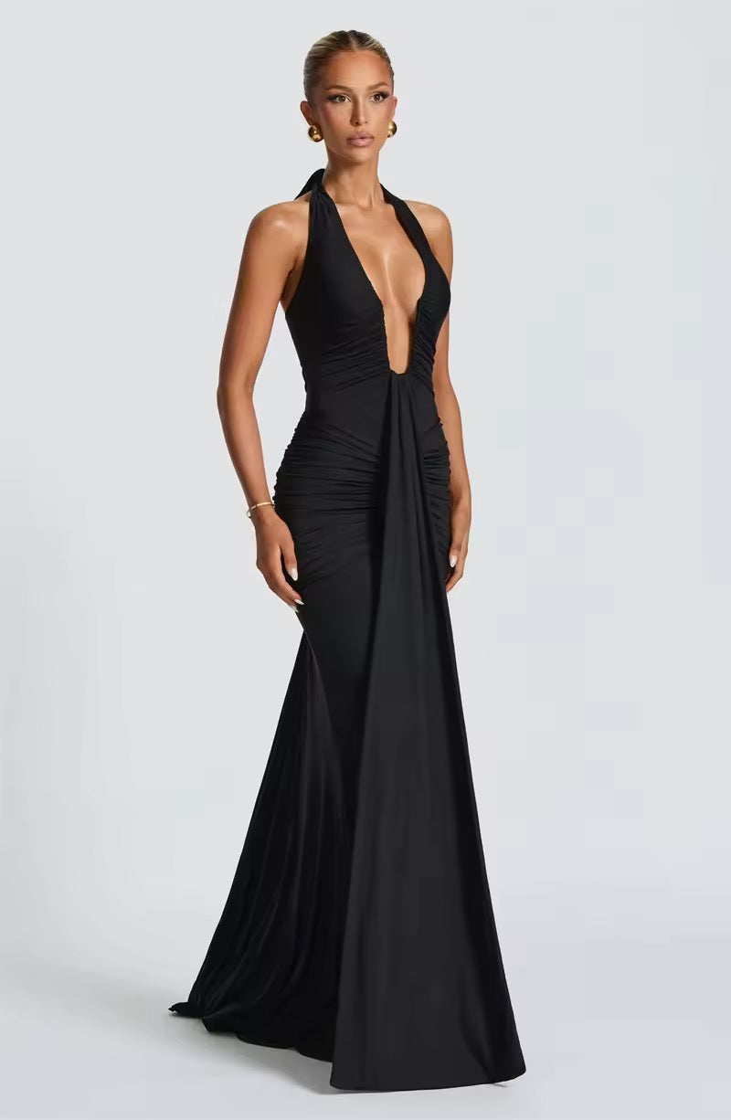 Damen Neckholder Maxikleid mit tiefem V-Ausschnitt und durchgehender Raffung
