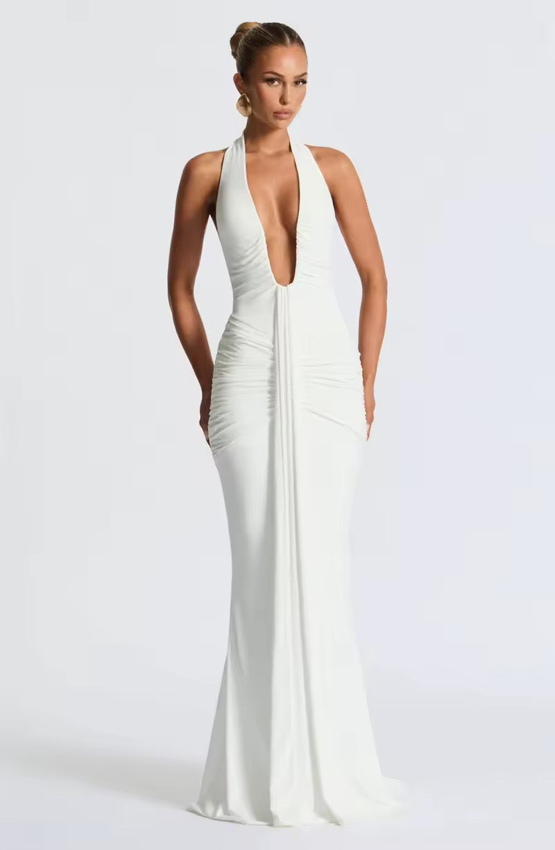 Damen Neckholder Maxikleid mit tiefem V-Ausschnitt und durchgehender Raffung