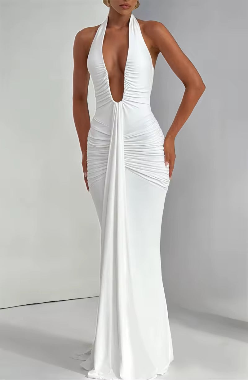 Damen Neckholder Maxikleid mit tiefem V-Ausschnitt und durchgehender Raffung