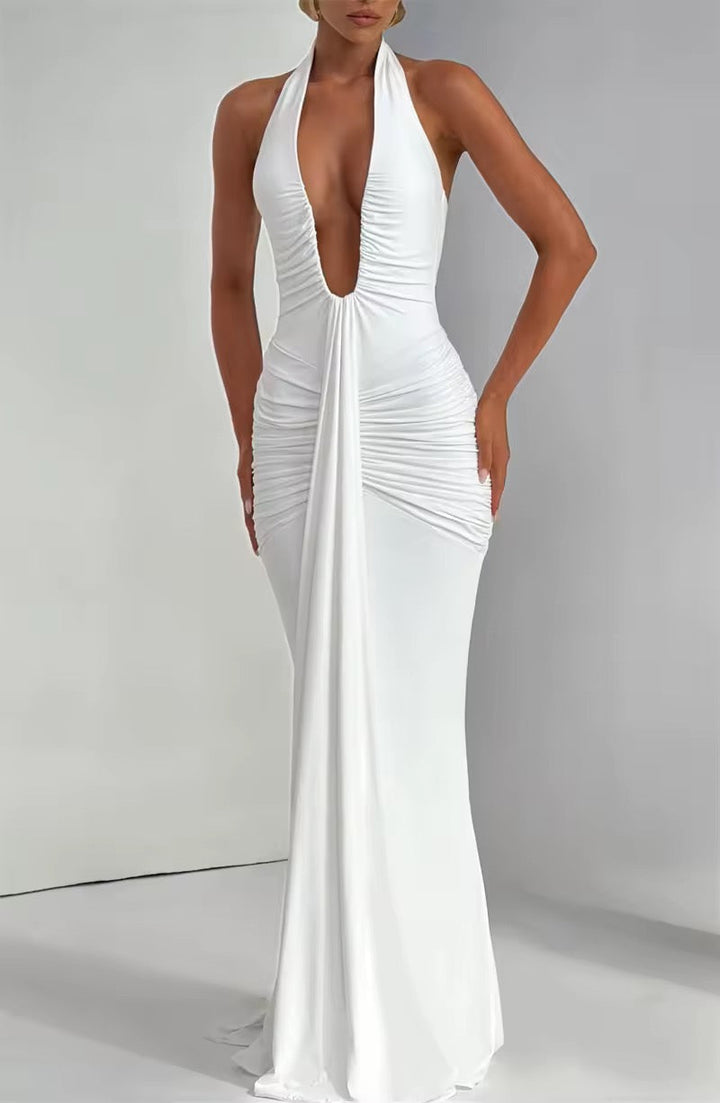 Damen Neckholder Maxikleid mit tiefem V-Ausschnitt und durchgehender Raffung