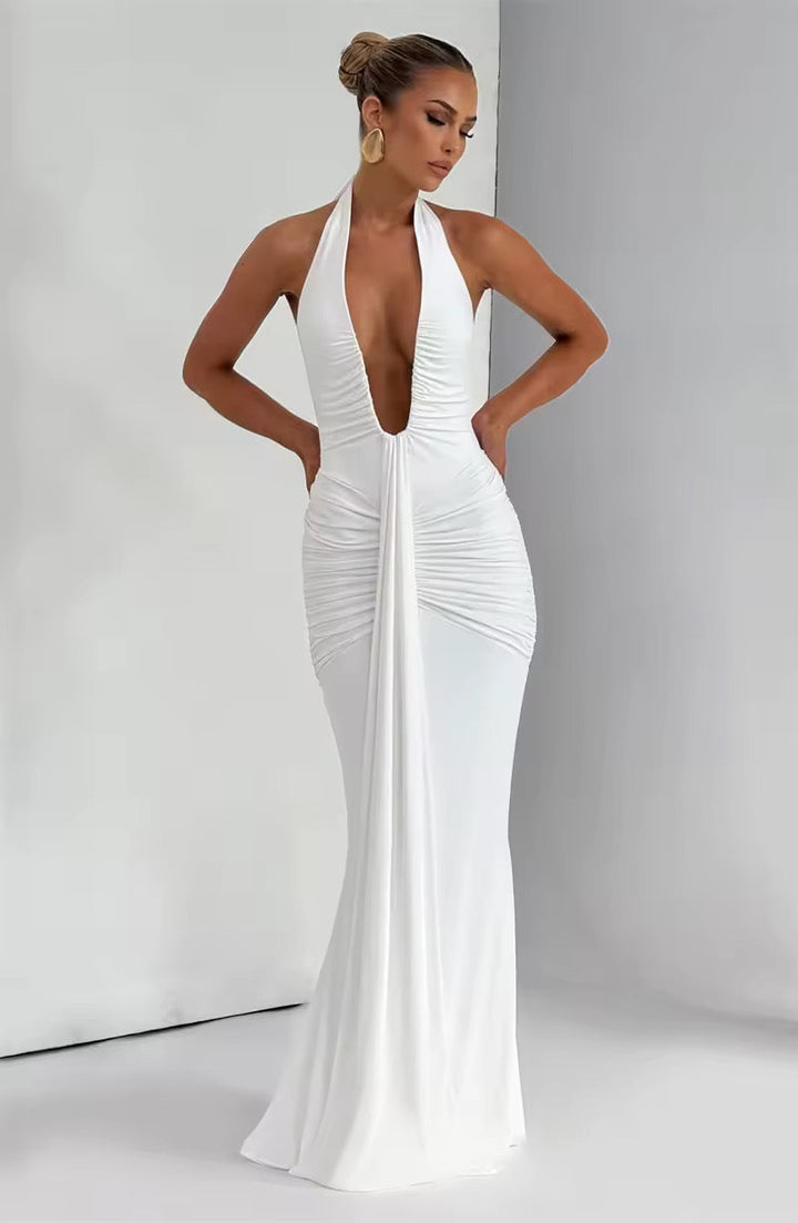 Damen Neckholder Maxikleid mit tiefem V-Ausschnitt und durchgehender Raffung