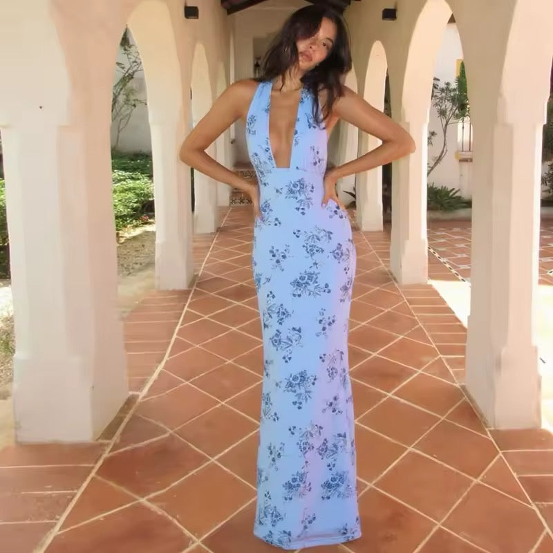 Damen Neckholder Maxikleid mit tiefem V-Ausschnitt und floralem Muster mit offenem Rücken und Bindebändern
