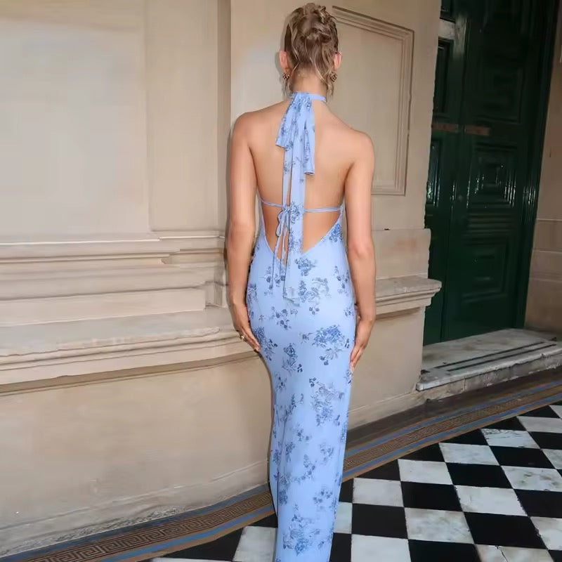 Damen Neckholder Maxikleid mit tiefem V-Ausschnitt und floralem Muster mit offenem Rücken und Bindebändern