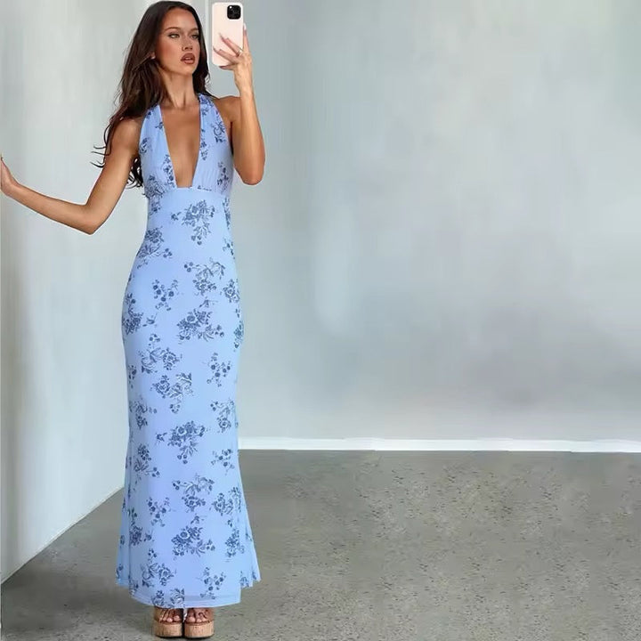 Damen Neckholder Maxikleid mit tiefem V-Ausschnitt und floralem Muster mit offenem Rücken und Bindebändern
