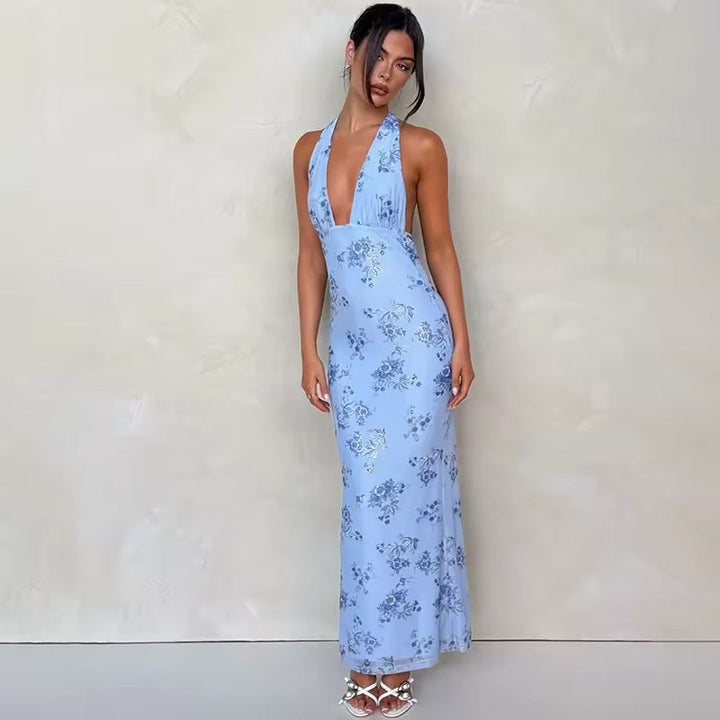 Damen Neckholder Maxikleid mit tiefem V-Ausschnitt und floralem Muster mit offenem Rücken und Bindebändern