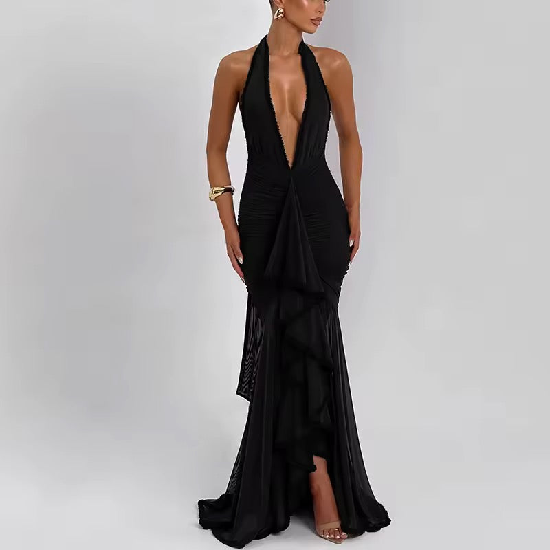 Damen Neckholder Maxikleid mit tiefem V-Ausschnitt und geraffter Oberfläche mit Rüscheneinsatz und offenem Rücken