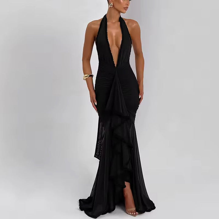Damen Neckholder Maxikleid mit tiefem V-Ausschnitt und geraffter Oberfläche mit Rüscheneinsatz und offenem Rücken