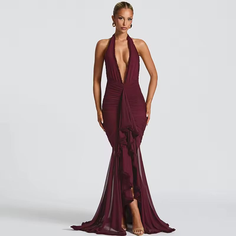 Damen Neckholder Maxikleid mit tiefem V-Ausschnitt und geraffter Oberfläche mit Rüscheneinsatz und offenem Rücken