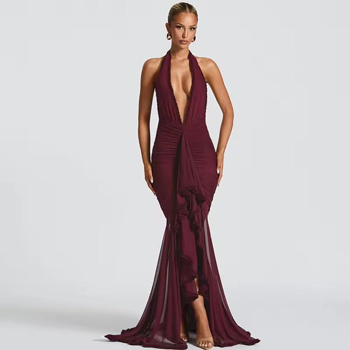 Damen Neckholder Maxikleid mit tiefem V-Ausschnitt und geraffter Oberfläche mit Rüscheneinsatz und offenem Rücken