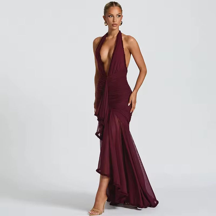 Damen Neckholder Maxikleid mit tiefem V-Ausschnitt und geraffter Oberfläche mit Rüscheneinsatz und offenem Rücken