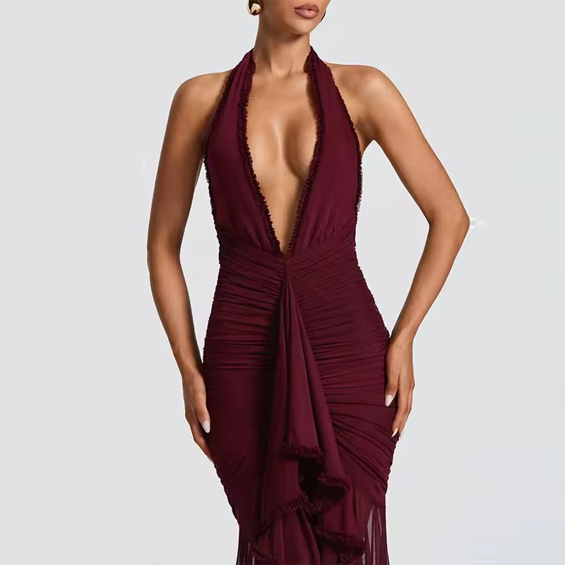 Damen Neckholder Maxikleid mit tiefem V-Ausschnitt und geraffter Oberfläche mit Rüscheneinsatz und offenem Rücken