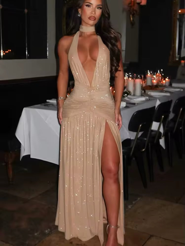 Damen Neckholder Maxikleid mit tiefem V-Ausschnitt und Glitzeroberfläche mit offenem Rücken und seitlichem Schlitz