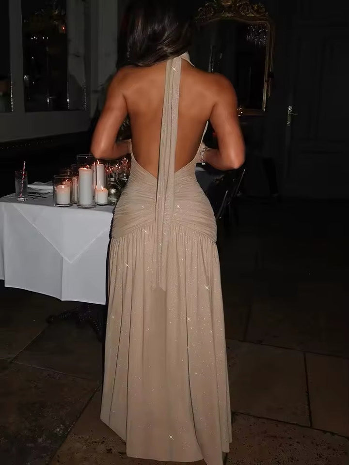 Damen Neckholder Maxikleid mit tiefem V-Ausschnitt und Glitzeroberfläche mit offenem Rücken und seitlichem Schlitz