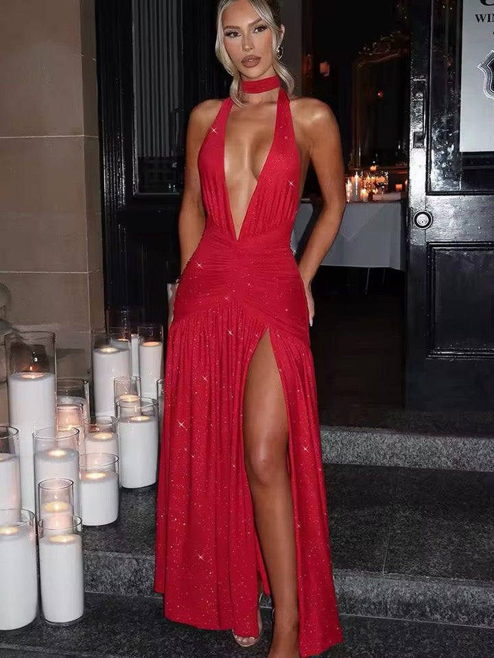 Damen Neckholder Maxikleid mit tiefem V-Ausschnitt und Glitzeroberfläche mit offenem Rücken und seitlichem Schlitz