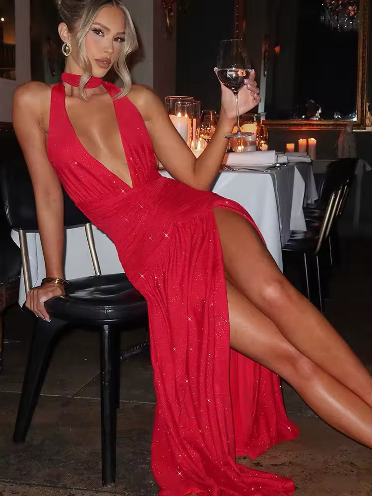 Damen Neckholder Maxikleid mit tiefem V-Ausschnitt und Glitzeroberfläche mit offenem Rücken und seitlichem Schlitz