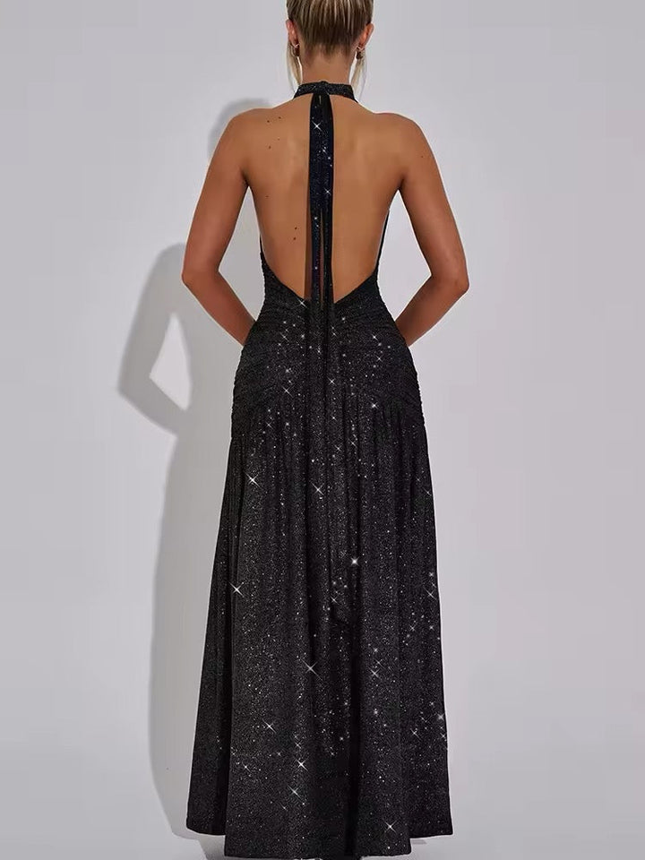 Damen Neckholder Maxikleid mit tiefem V-Ausschnitt und Glitzeroberfläche mit offenem Rücken und seitlichem Schlitz