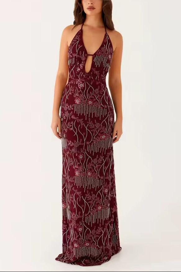 Damen Neckholder Maxikleid mit tiefem V-Ausschnitt und offenem Rücken